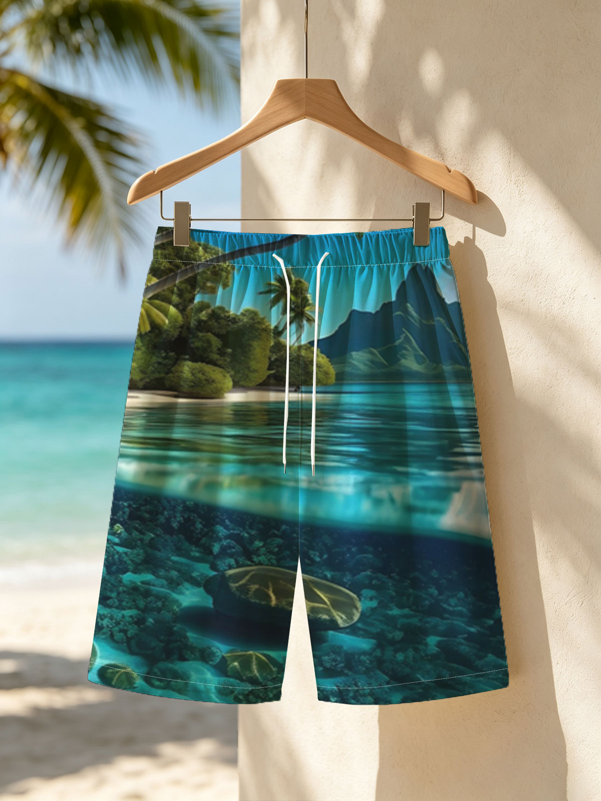 Tropical Paradise with Clear Waters and Coral Reef -  Beach shorts