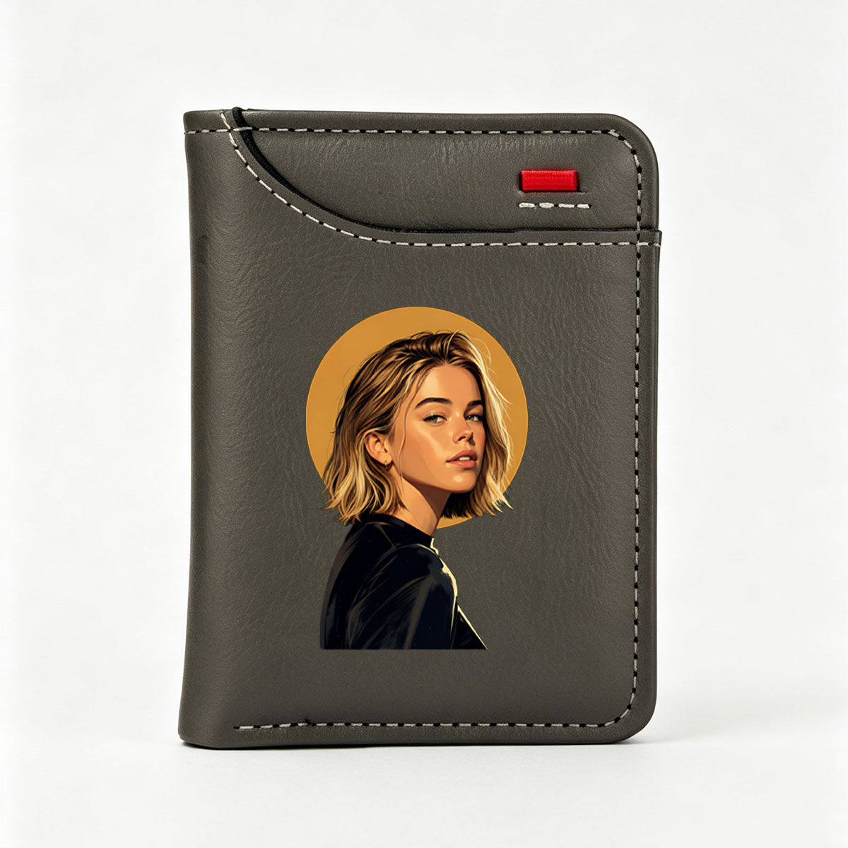 Portrait of a blonde woman with a golden halo, wearing a black outfit, set against a dark background. - Vertical Style Wallet