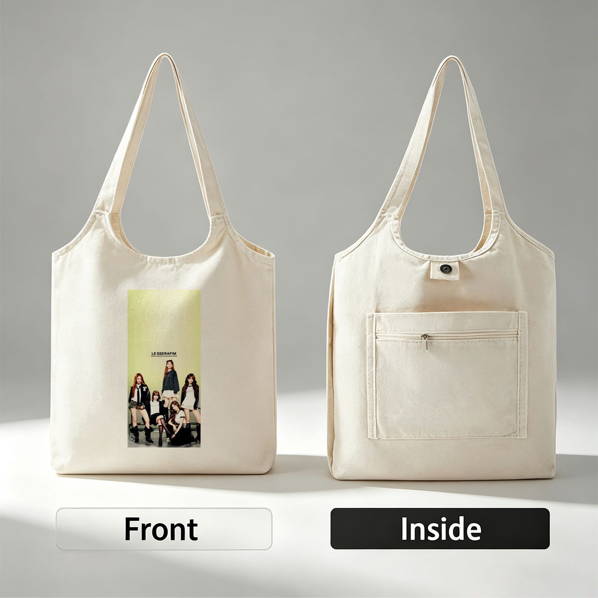 LE SSERAFIM Group Photo in School-Inspired Outfits on a Bright Green Background - Canvas shoulder bags/