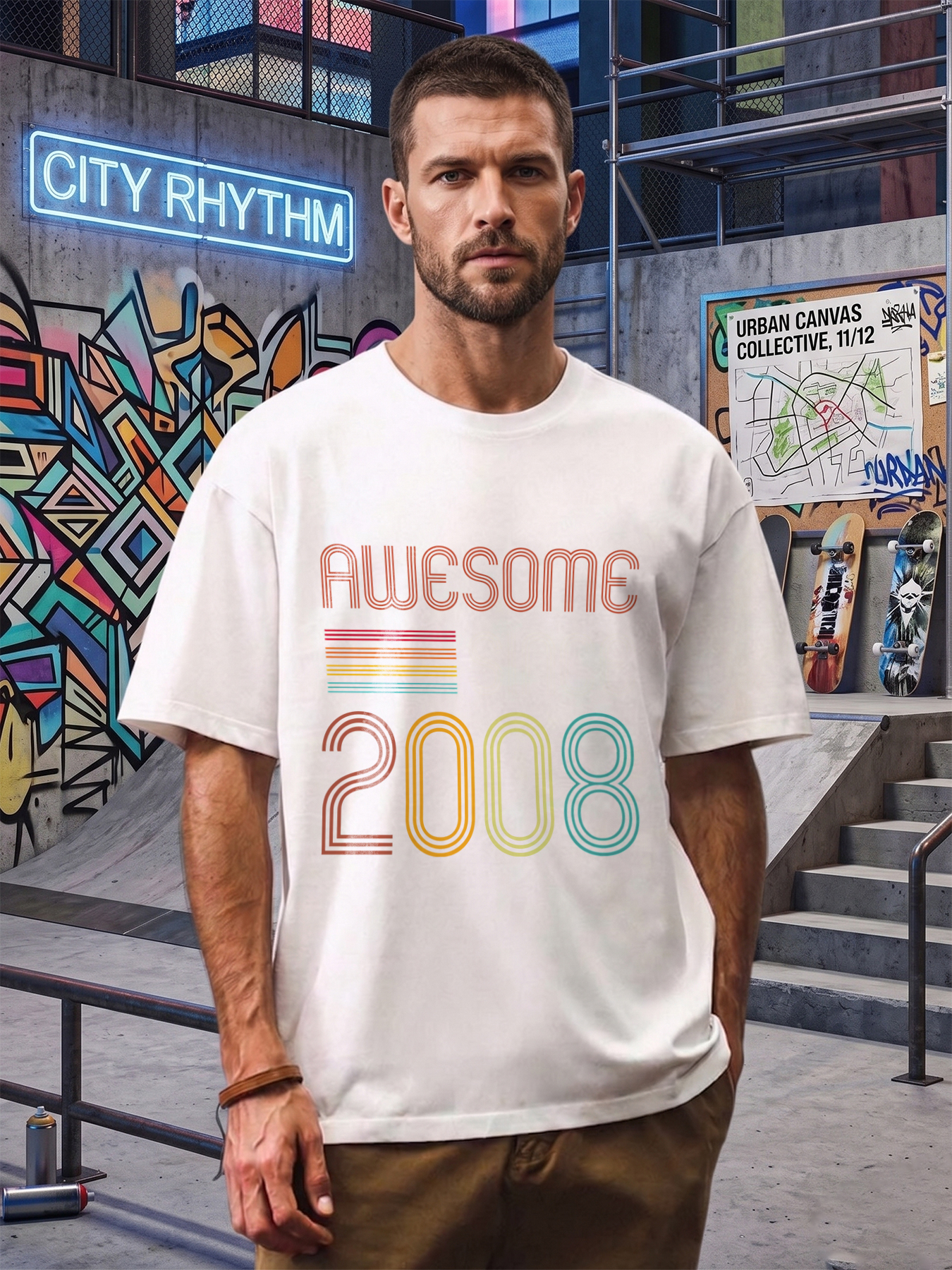 Men's Printed T-Shirt Awesome Since 2008 Retro Rainbow Stripe Design Casual Round Neck Summer Lightweight Breathable Short Sleeve Tee for Everyday Wear, Birthday Gift, Party Outfit, Adult Unisex Style
