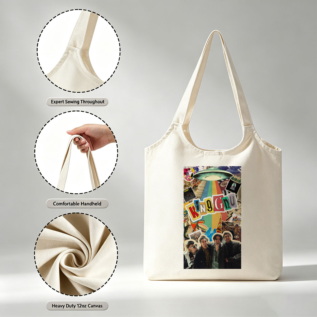 King Gnu Band Members in a Vibrant Collage Featuring Rainbow Path, UFO, and Pop Culture Elements - Canvas shoulder bags/