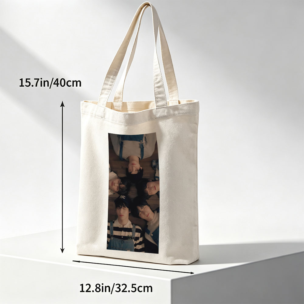 TXT Members Lying in a Circle on Wooden Floor Wearing Overalls and Casual Outfits - Canvas tote bags