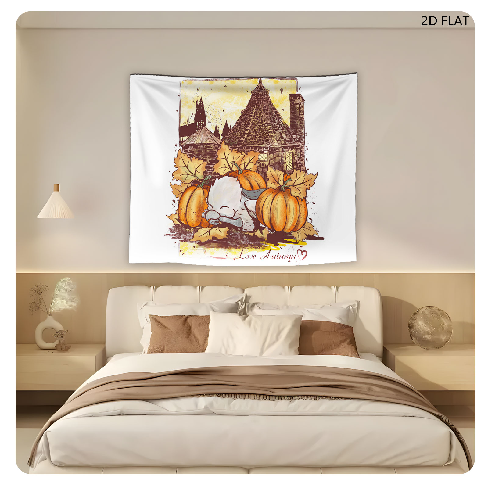 Cute Owl Sleeping Among Pumpkins and Autumn Leaves with Castle Background - Love Autumn - Tapestry