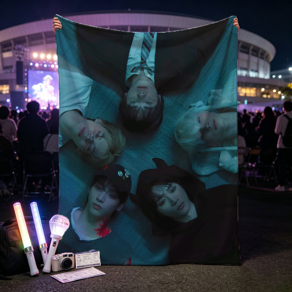 TXT Members Lying in a Circle on the Floor in Moody Blue Lighting - Blankets