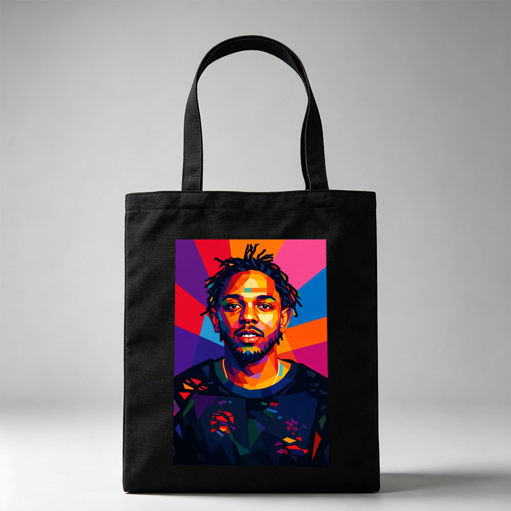 Kendrick Lamar Portrait in Vibrant Geometric Art Style with Colorful Radiant Background - Canvas tote bags