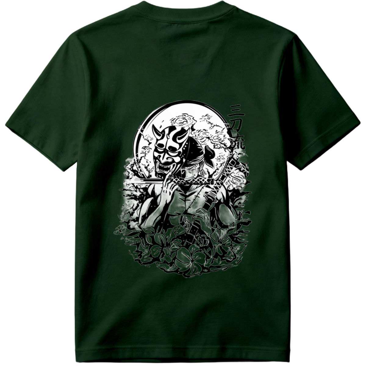 Samurai with Oni Mask and Katana in Floral Scene - Tee
