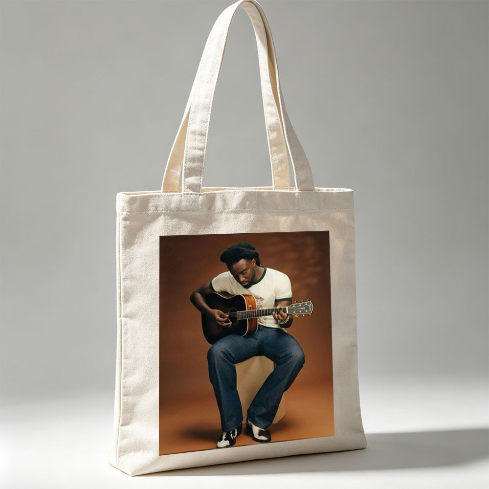 Khalid Playing Acoustic Guitar in Studio Portrait - Canvas tote bags