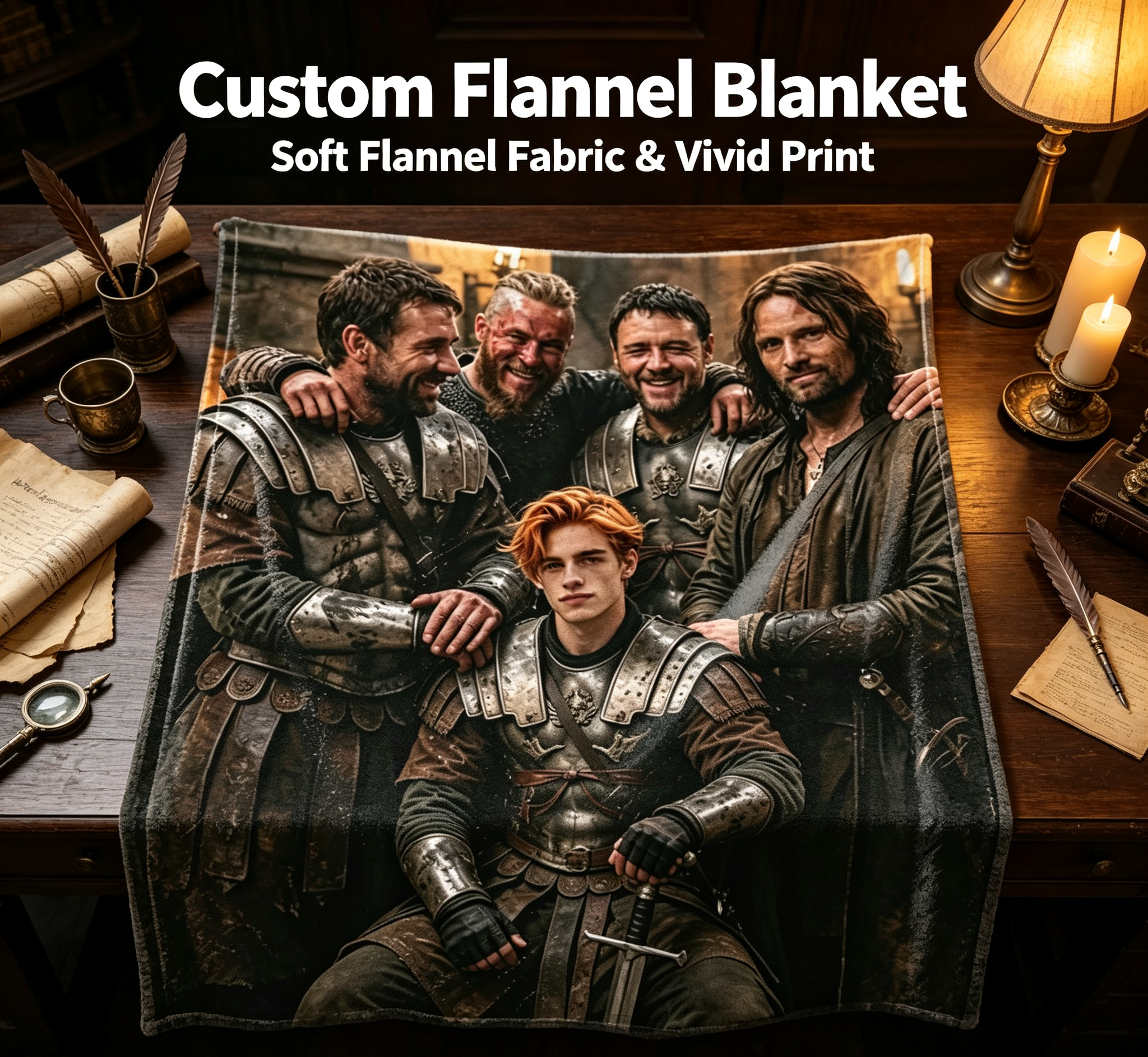 Custom Face Blanket Featuring Medieval Warriors in Armor Flannel Blanket Perfect for Couch or Bed Cozy Gift for Fantasy Fans and Movie Lovers