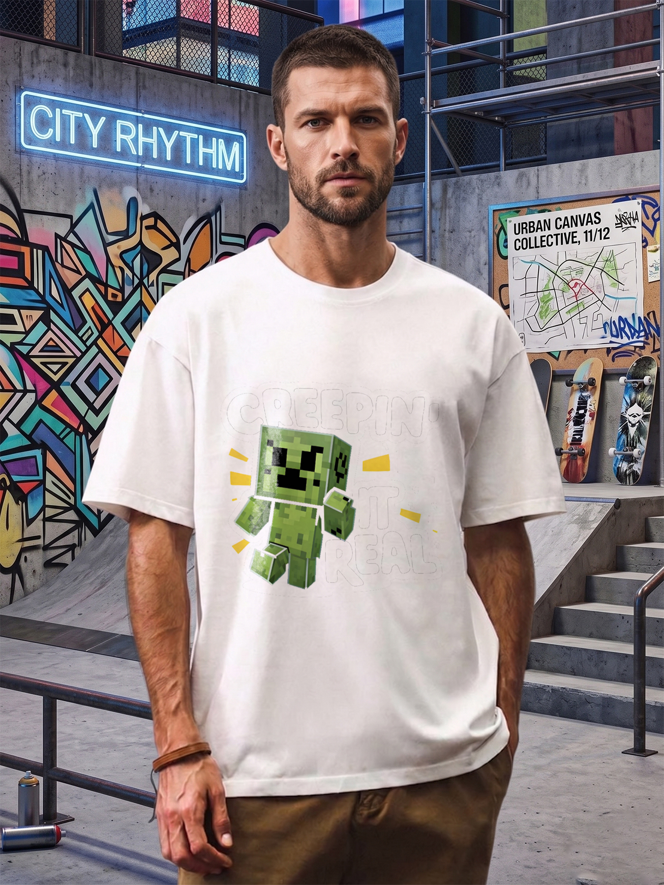 Men's Creeper Print T-Shirt Creepin' It Real Pixel Art Design Casual Round Neck Summer Lightweight Breathable Short Sleeve Tee for Gaming Fans and Pop Culture Enthusiasts