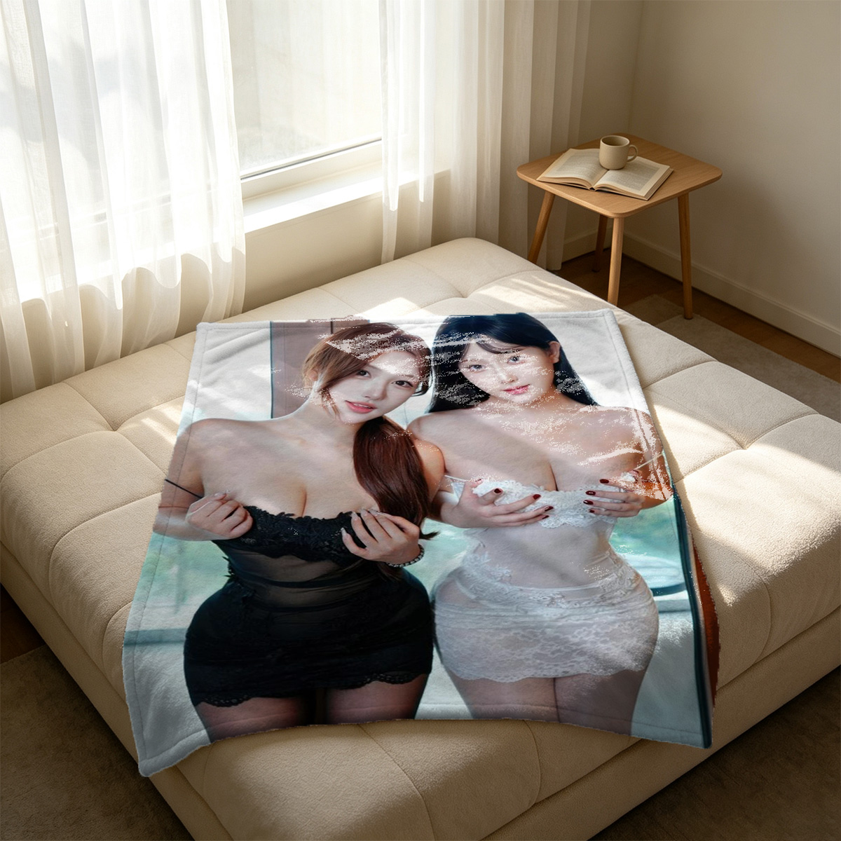 Elegant Woman in Red Cheongsam Lingerie at Neon Bar - Blanket