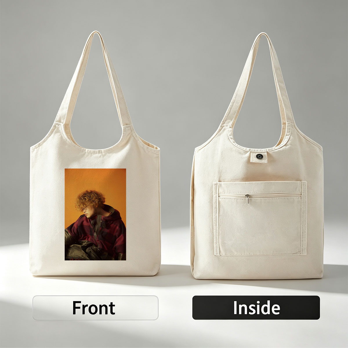 Takashi Miyagawa in a Moody Portrait Wearing a Plaid Hoodie Against an Orange Background - Canvas shoulder bags/