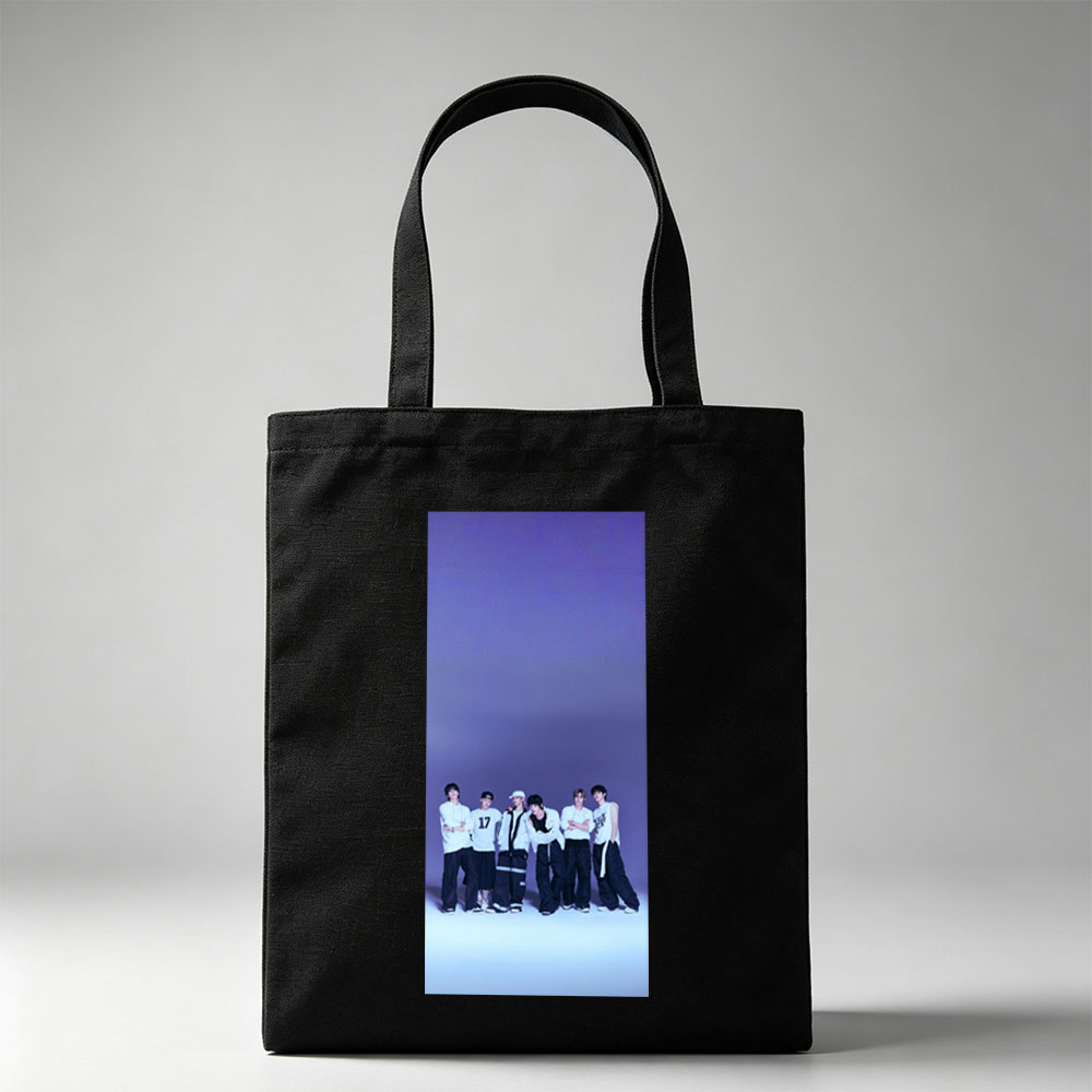 ENHYPEN Group Photo in Stylish White and Black Outfits Against a Purple Gradient Background - Canvas tote bags