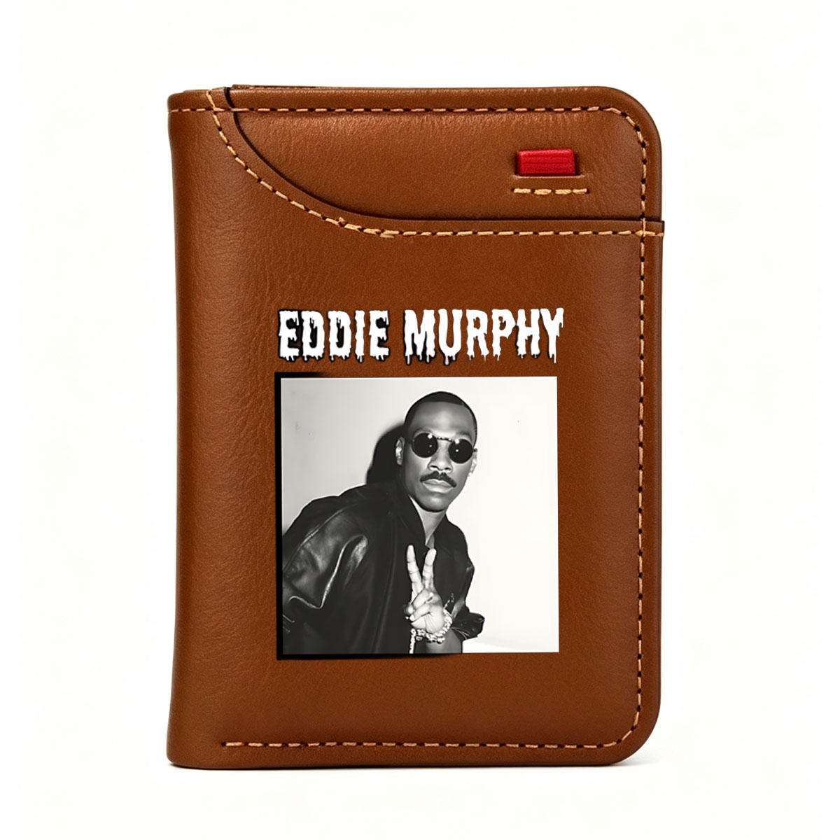Eddie Murphy in a leather jacket and sunglasses, making a peace sign - Vertical Style Wallet