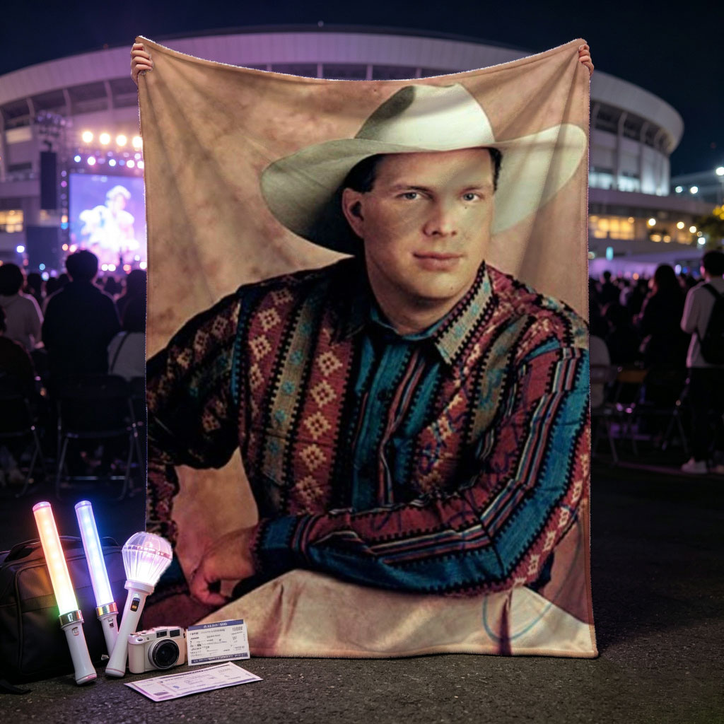 Garth Brook in Cowboy Attire with Colorful Patterned Shirt and White Hat - Blankets
