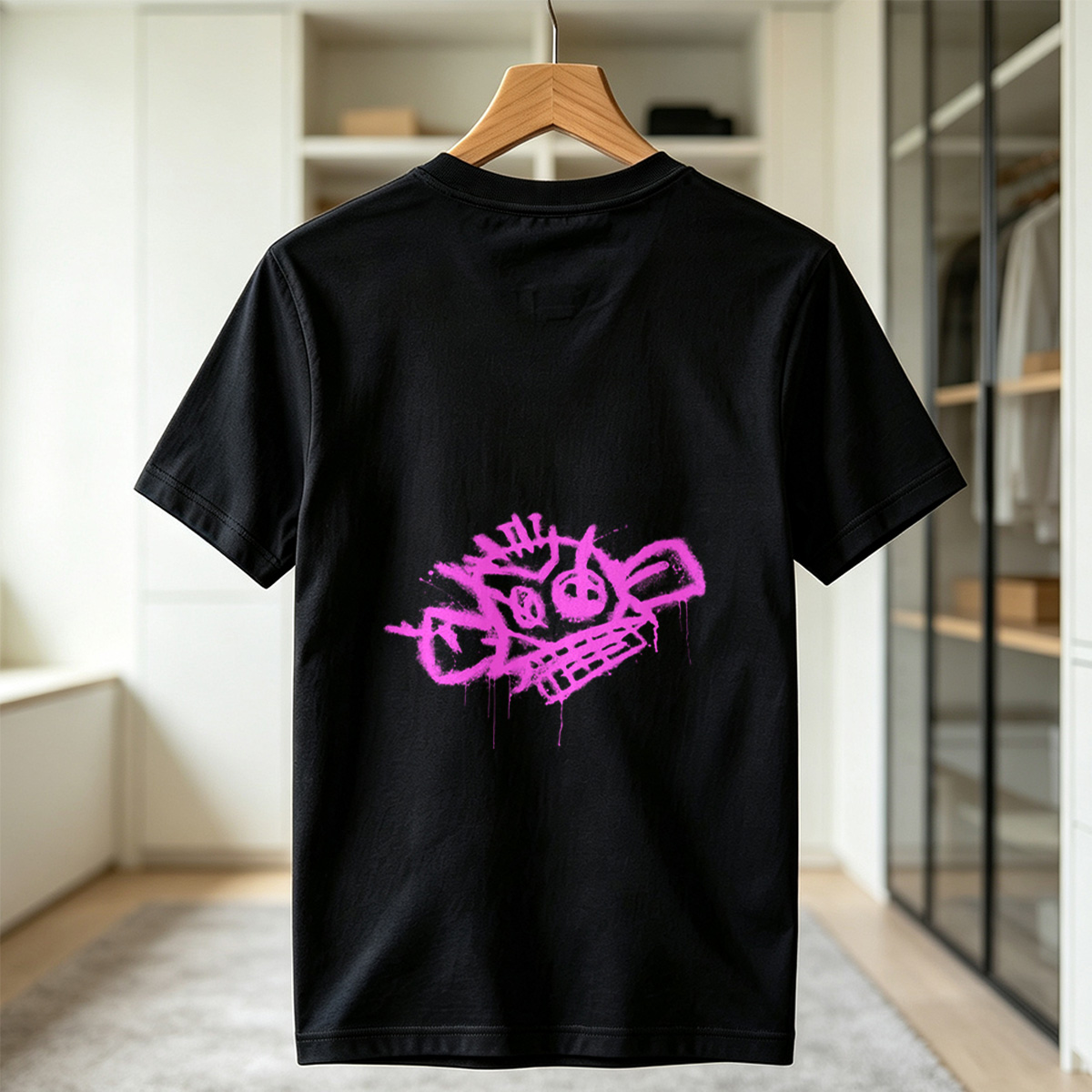 Graffiti-style pink skull with crown and crossbones on black background - Tee