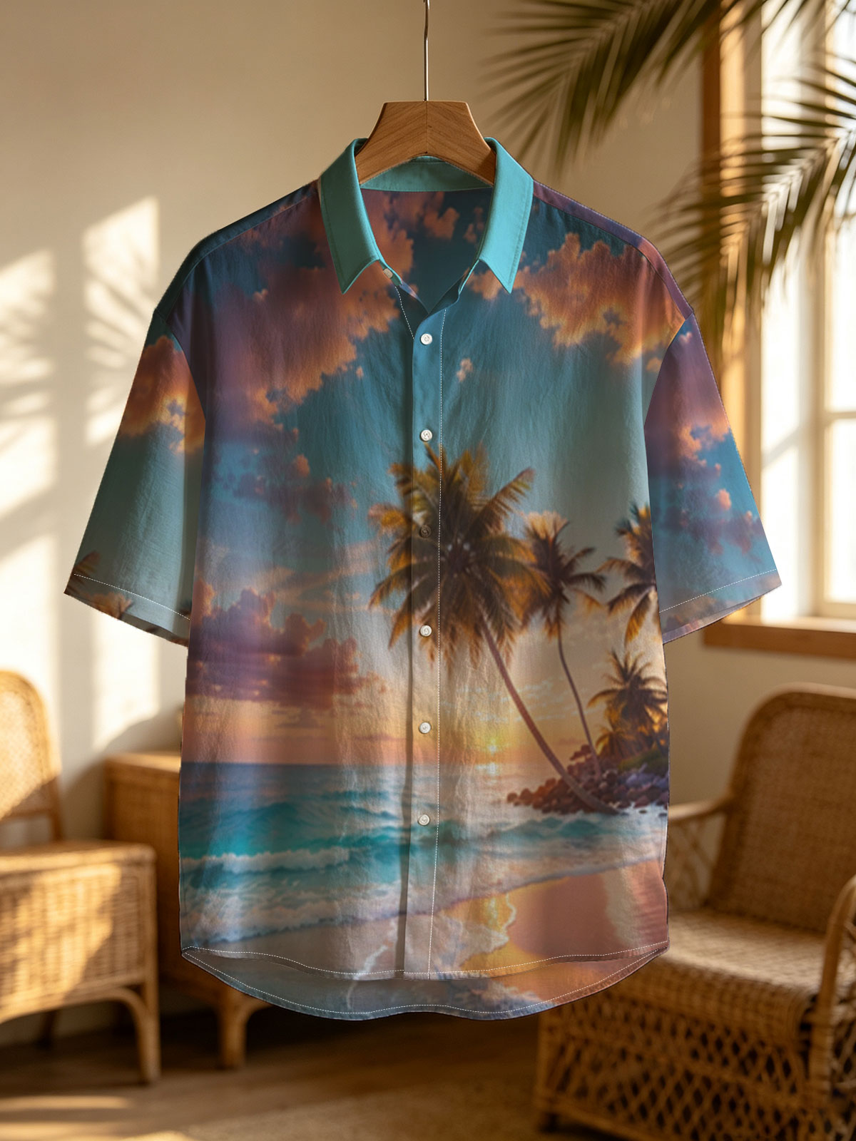Tropical sunset with palm trees and waves on a sandy beach -  Shirt