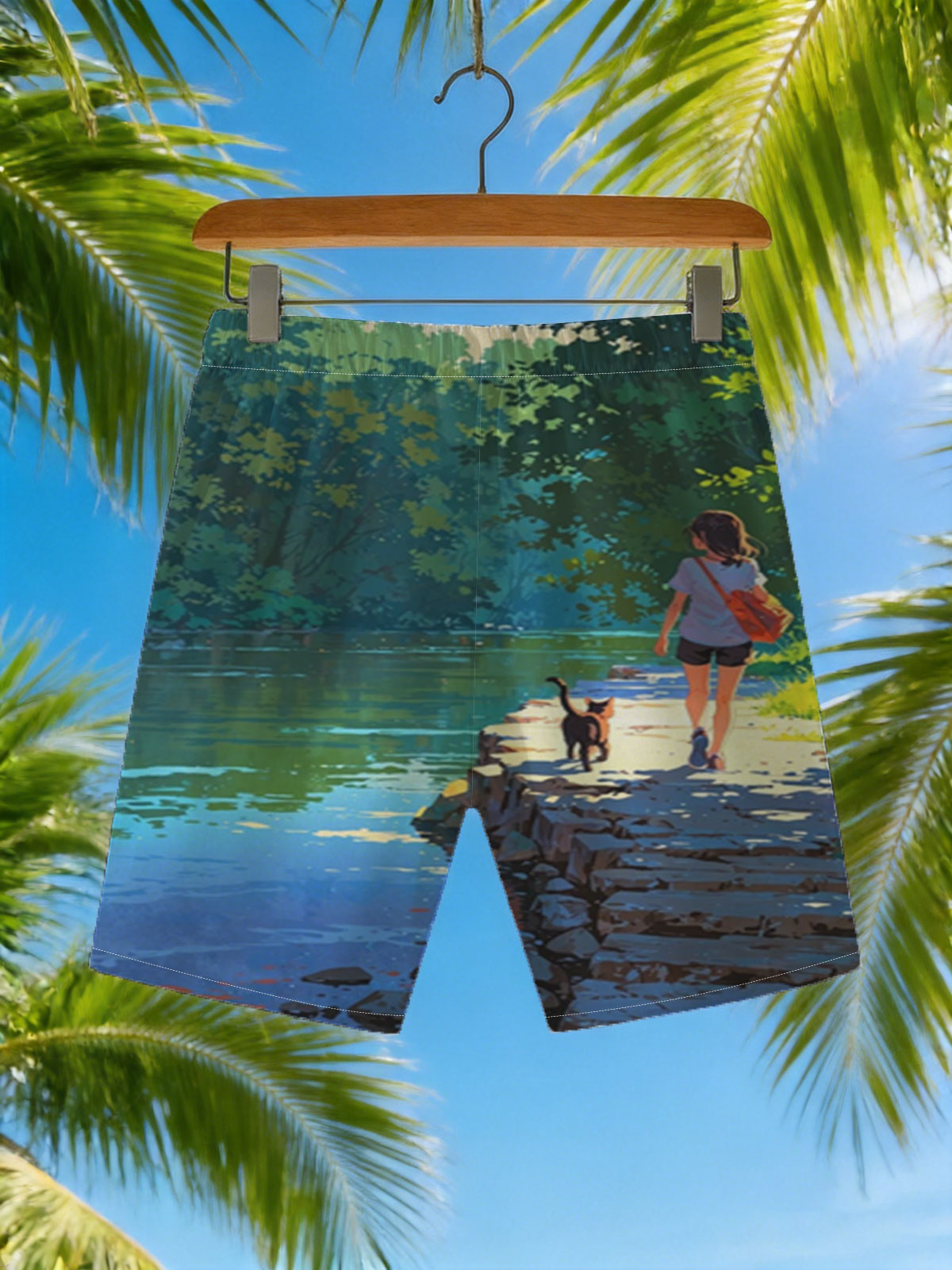 Girl and cat walking by a serene lakeside path -  Beach shorts