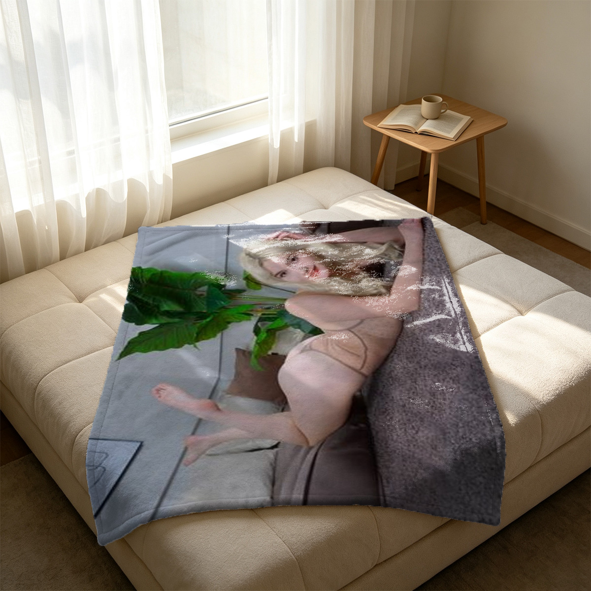 Office Lady in Fishnet Stockings Sitting on Table with Beer Bottle - Blanket