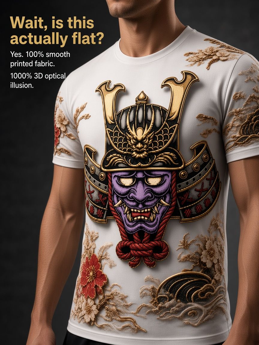 Japanese Samurai Oni Mask 3D Optical Illusion Graphic Tee Breathable Athletic Mesh T-Shirt for Casual and Sports Wear