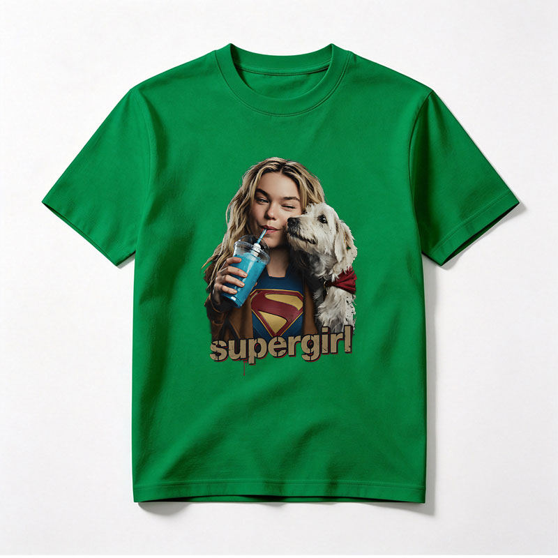 Supergirl with Dog and Blue Drink - Tee