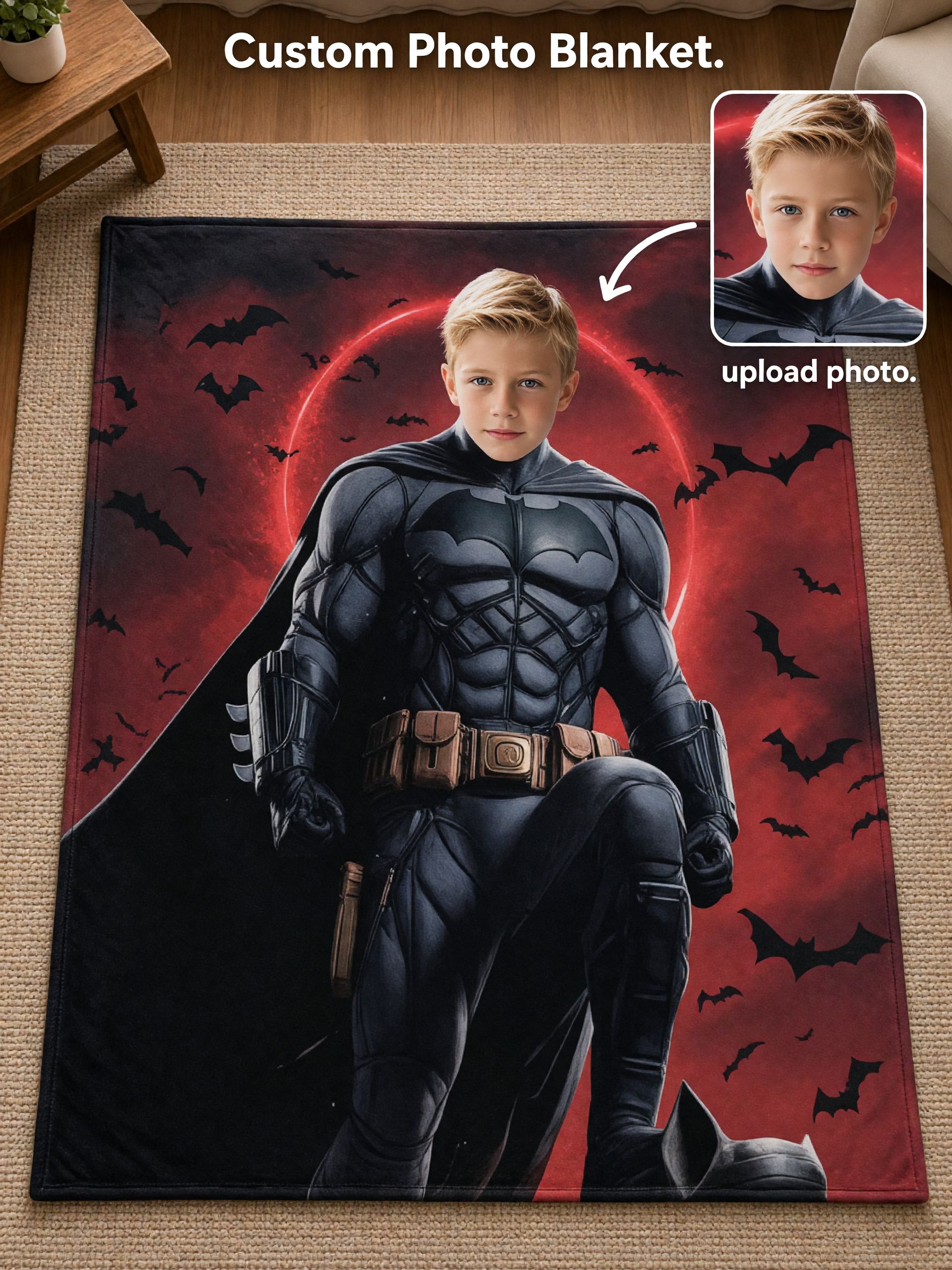 Custom Superhero Face Photo Blanket Personalized Flannel Fleece Throw Skin Friendly Cozy Warm Gift for Kids