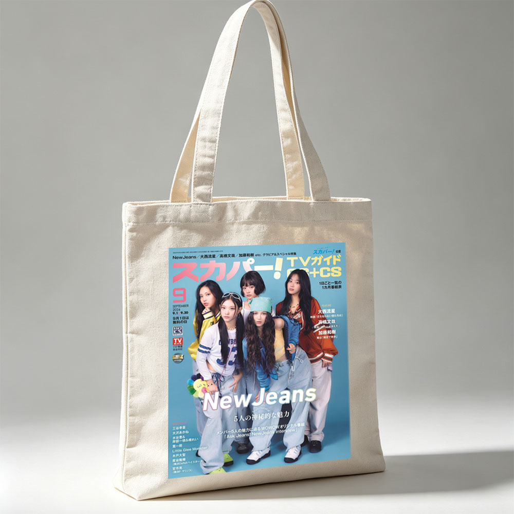 NewJeans on TV Guide Cover Featuring Five Members in Casual Outfits with Blue Background - Canvas tote bags