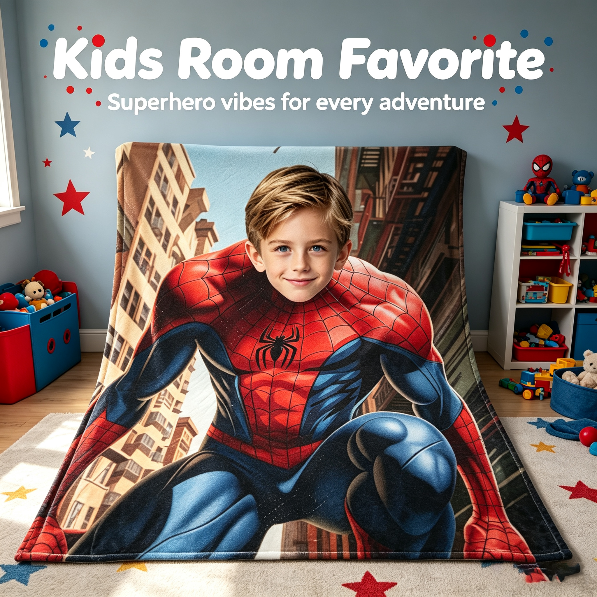 Custom Spider Man Photo Flannel Blanket Personalized Superhero City Background Throw Blanket For Kids Boys Birthday Gift