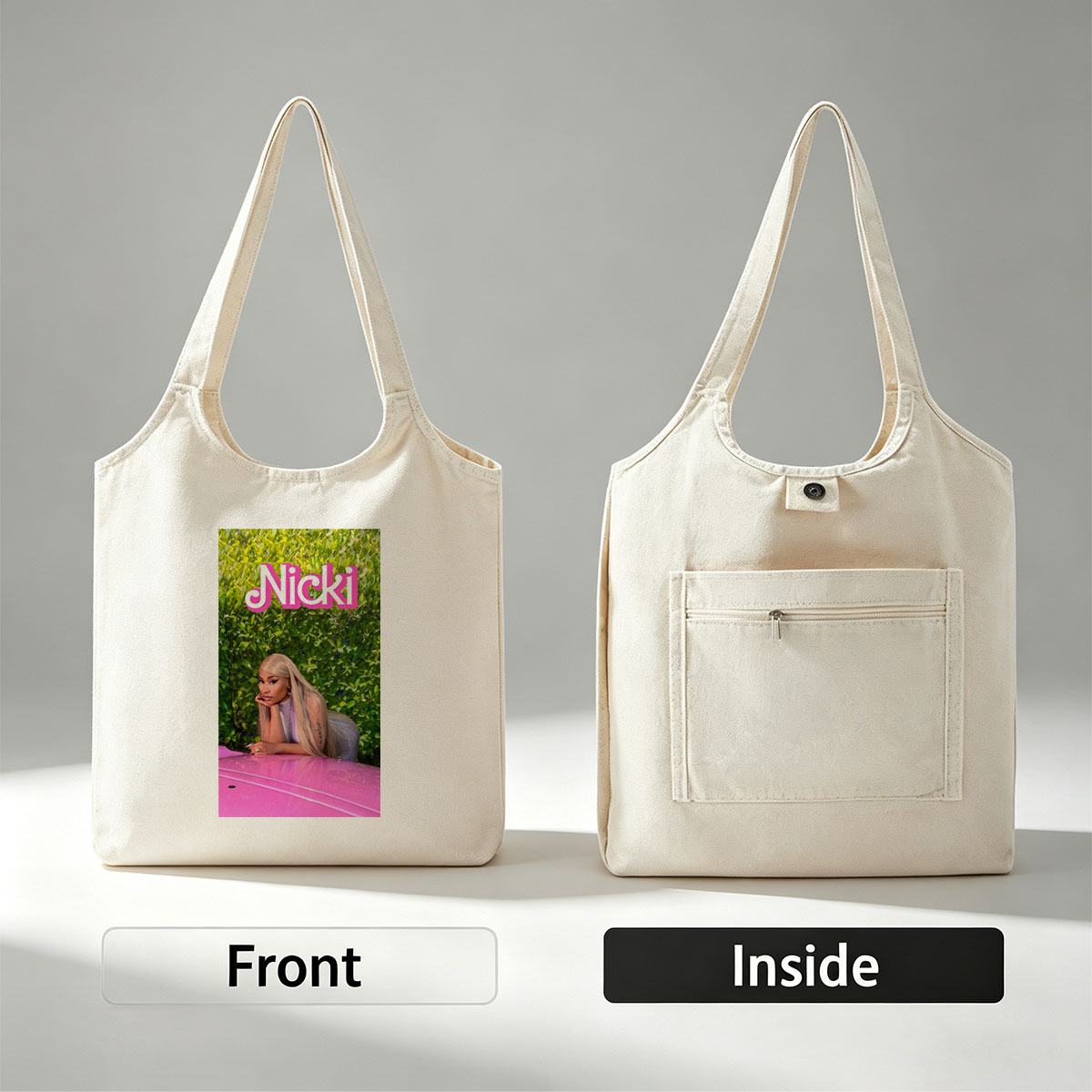 Nicki Minaj Leaning on Pink Car in Front of Green Hedge Wall - Canvas shoulder bags/
