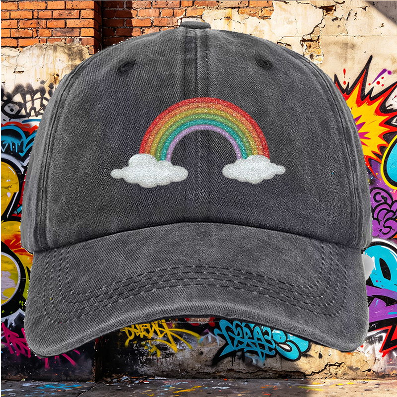 Men's Printed Washed Cap with Glitter Rainbow and Cloud Design, Casual Round Brim Summer Lightweight Hat for Outdoor Activities, Perfect for Young Adults and Trendy Streetwear Enthusiasts