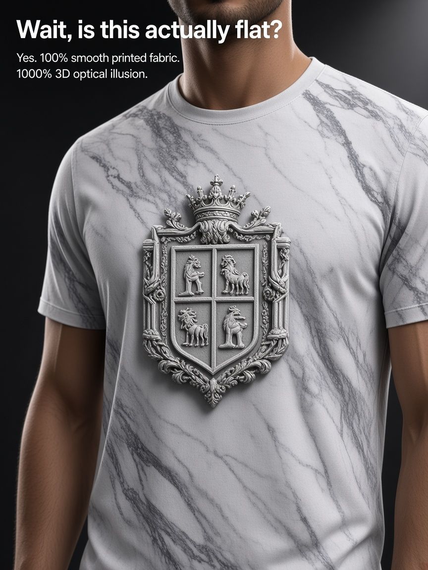 Marble Heraldic Crest 3D Optical Illusion Graphic Tee Breathable Athletic Mesh T-Shirt Casual and Sports Wear