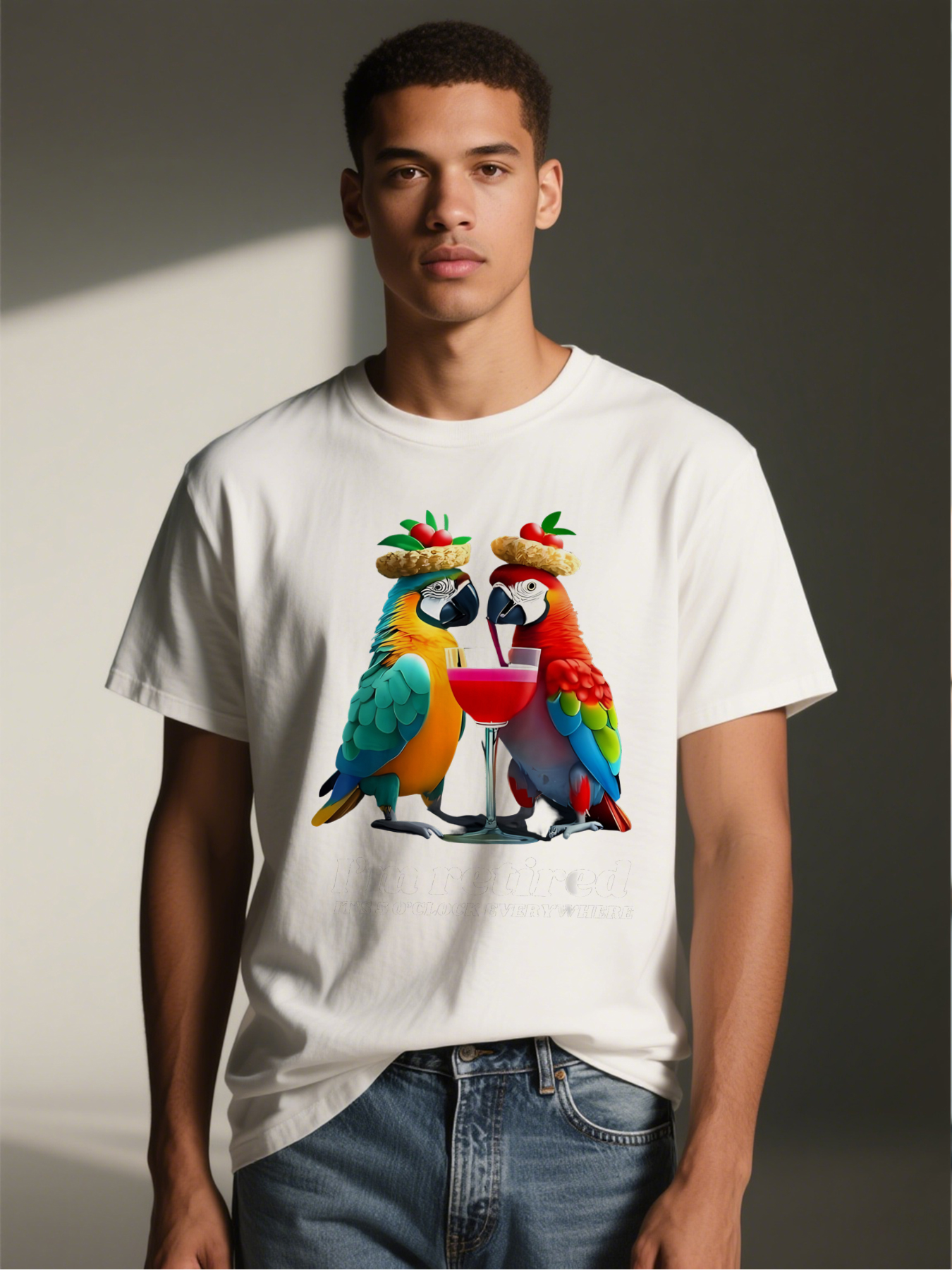 Men's Printed T-Shirt Featuring Colorful Parrots with Cocktail and 