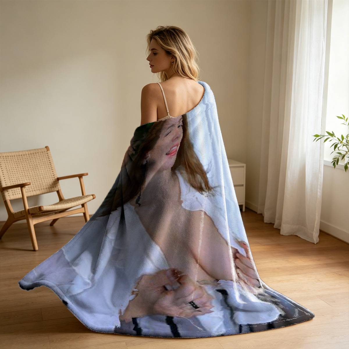 Nude Japanese Woman Posing in Doorway - Blanket
