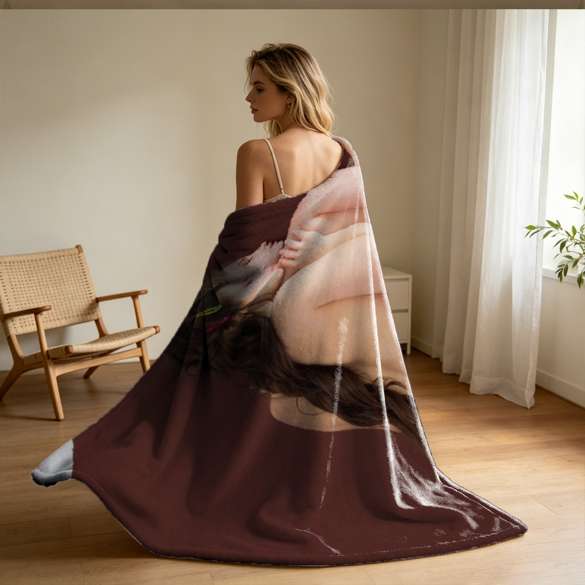 Two Japanese Women in Purple Lingerie Embracing on Bed - Blanket