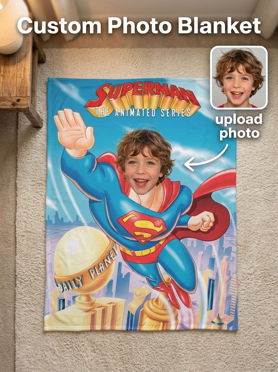 Personalized Photo Superhero Flannel Fleece Blanket Ultra Soft Custom Face Throw Cover for Bed Couch Travel Gift