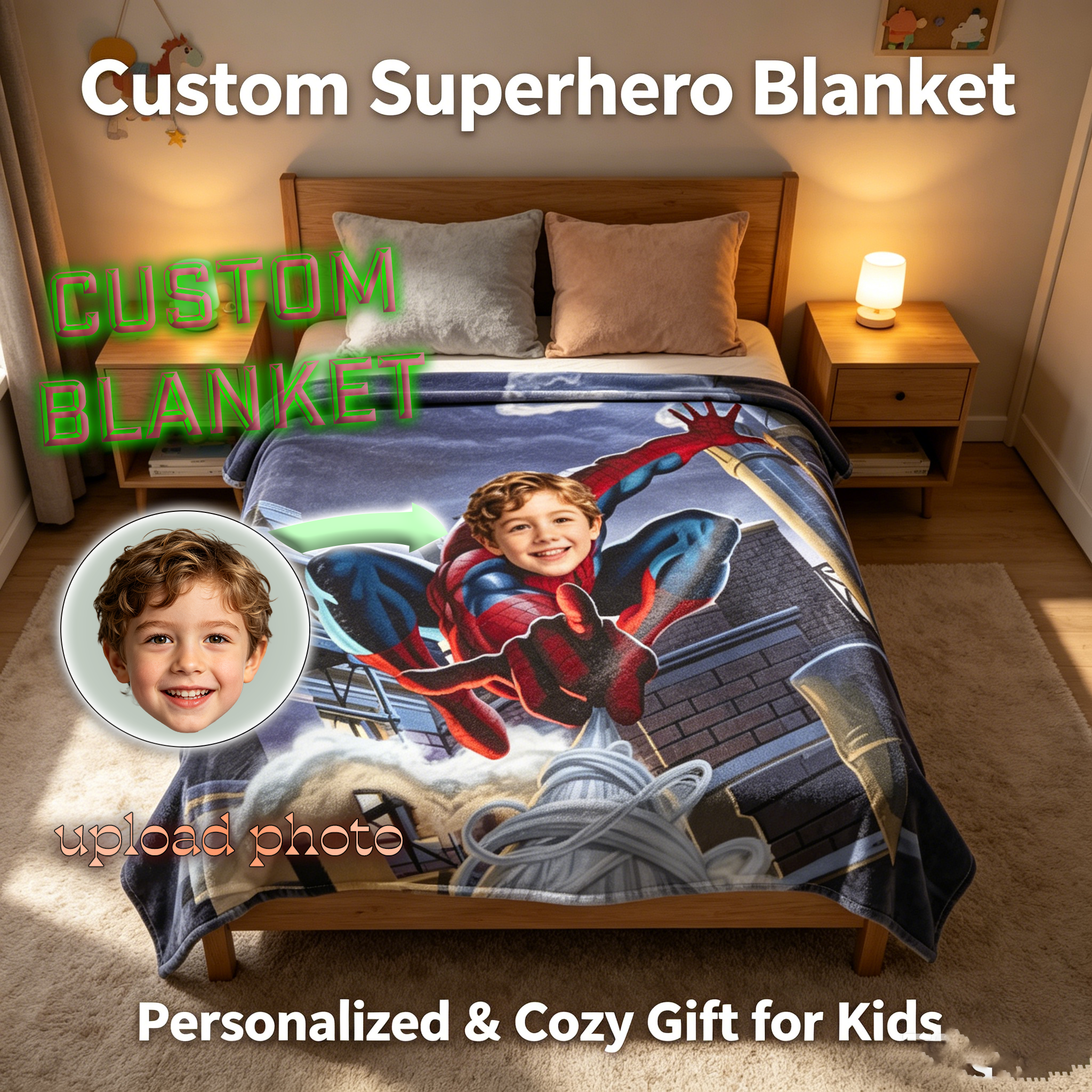Custom Face Spider‑Man Blanket, Personalized Superhero Photo Throw, Soft Warm Flannel Blanket, Unique Birthday Gift for Kids Boys