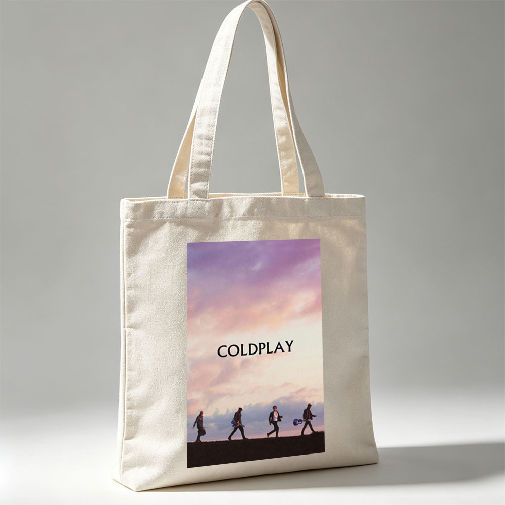 Coldplay Band Members Walking on a Hill at Sunset with Instruments - Canvas tote bags