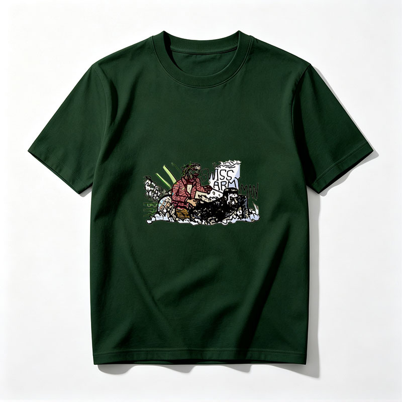 Swiss Army Man: A Man in a Red Plaid Shirt and Crown of Thorns Interacts with a Corpse, Surrounded by Tools and the Text 