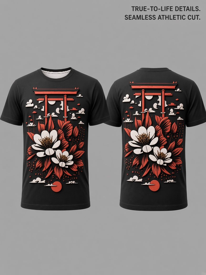 Japanese Torii Floral 3D Optical Illusion Graphic Tee Breathable Athletic Mesh T-Shirt Casual Sports Wear