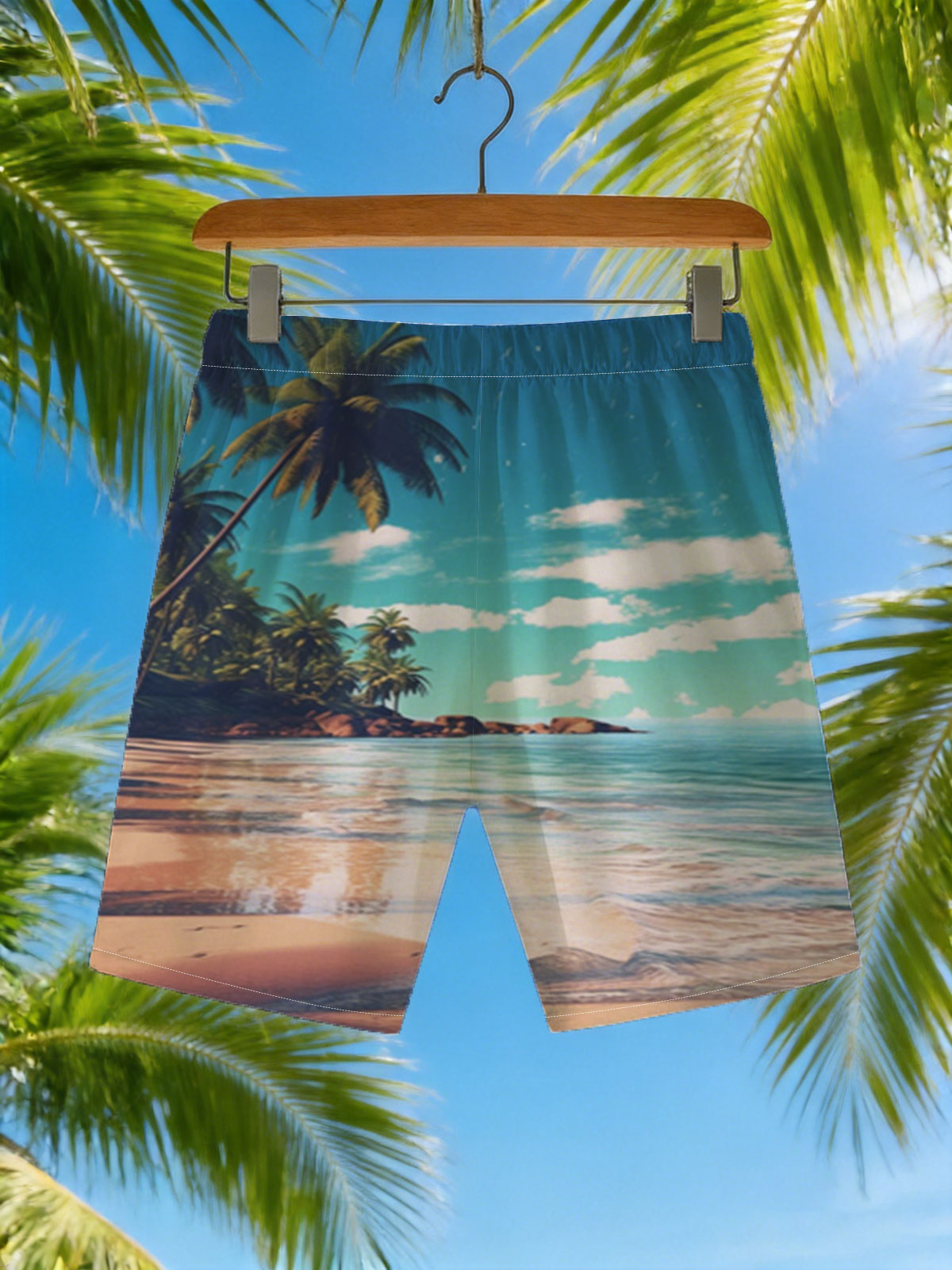 Tropical Beach with Palm Trees and Crystal Clear Water -  Beach shorts