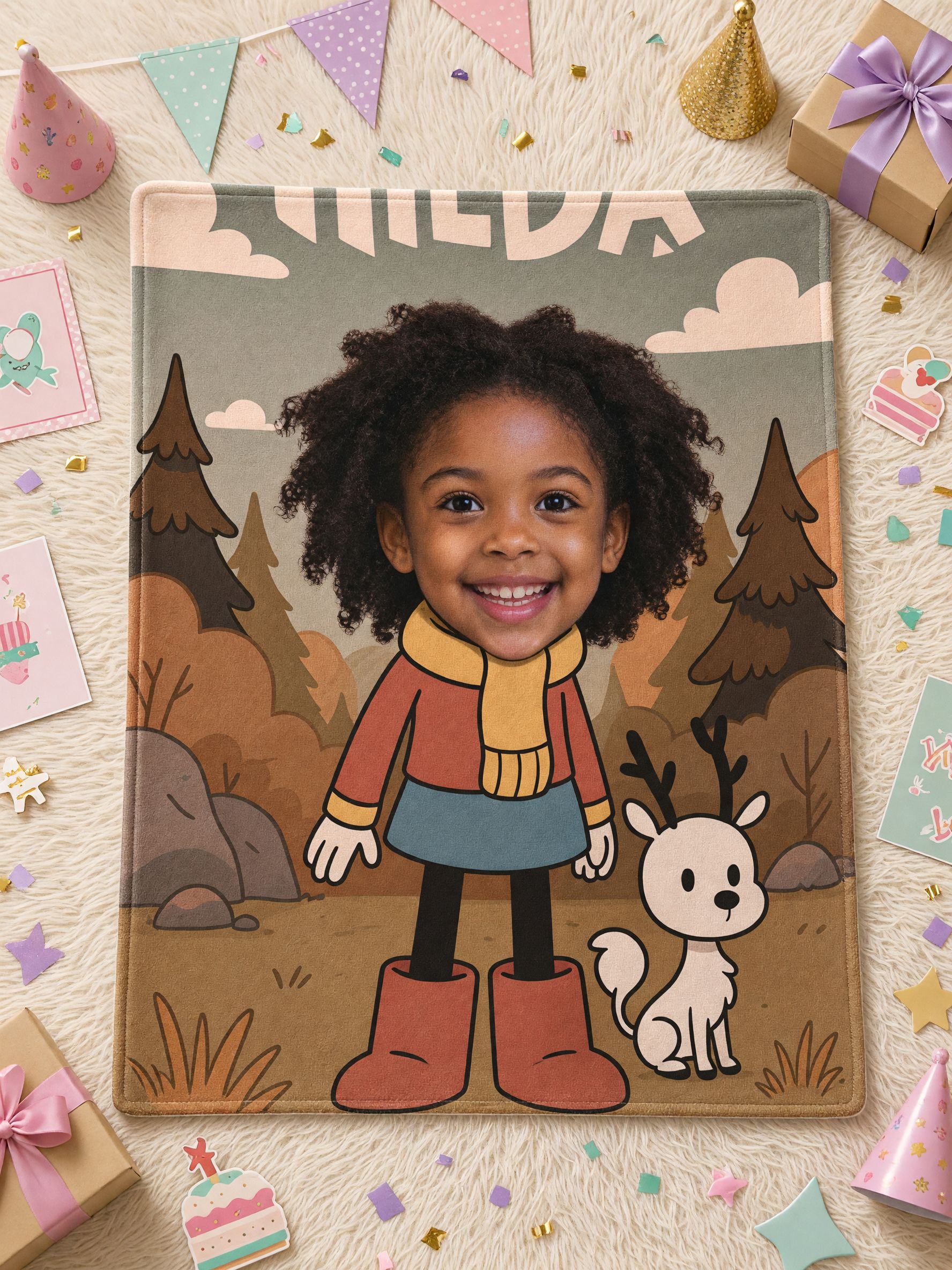 Custom Face Photo Blanket Personalized Cute Cartoon Forest Flannel Throw for Kids Cozy Keepsake Birthday Gift