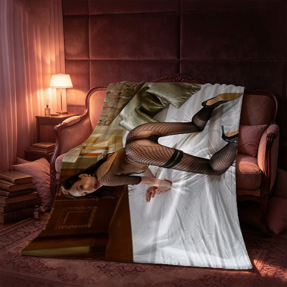 Two seductive women in black lingerie and stockings posing elegantly indoors. - Blanket