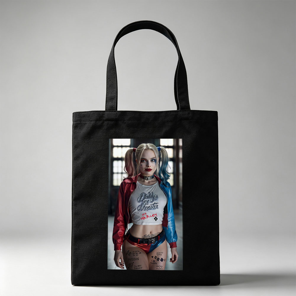 Margot Robbie as Harley Quinn in Suicide Squad - Iconic Costume and Bold Makeup Portrait - Canvas tote bags