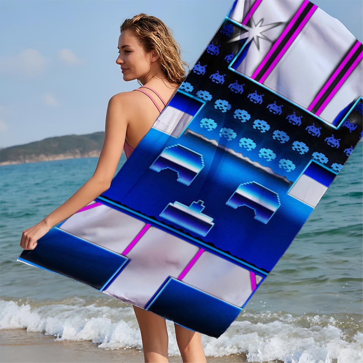 Space Invaders: Classic Arcade Game with Pixel Aliens and Neon Platforms - Beach towels