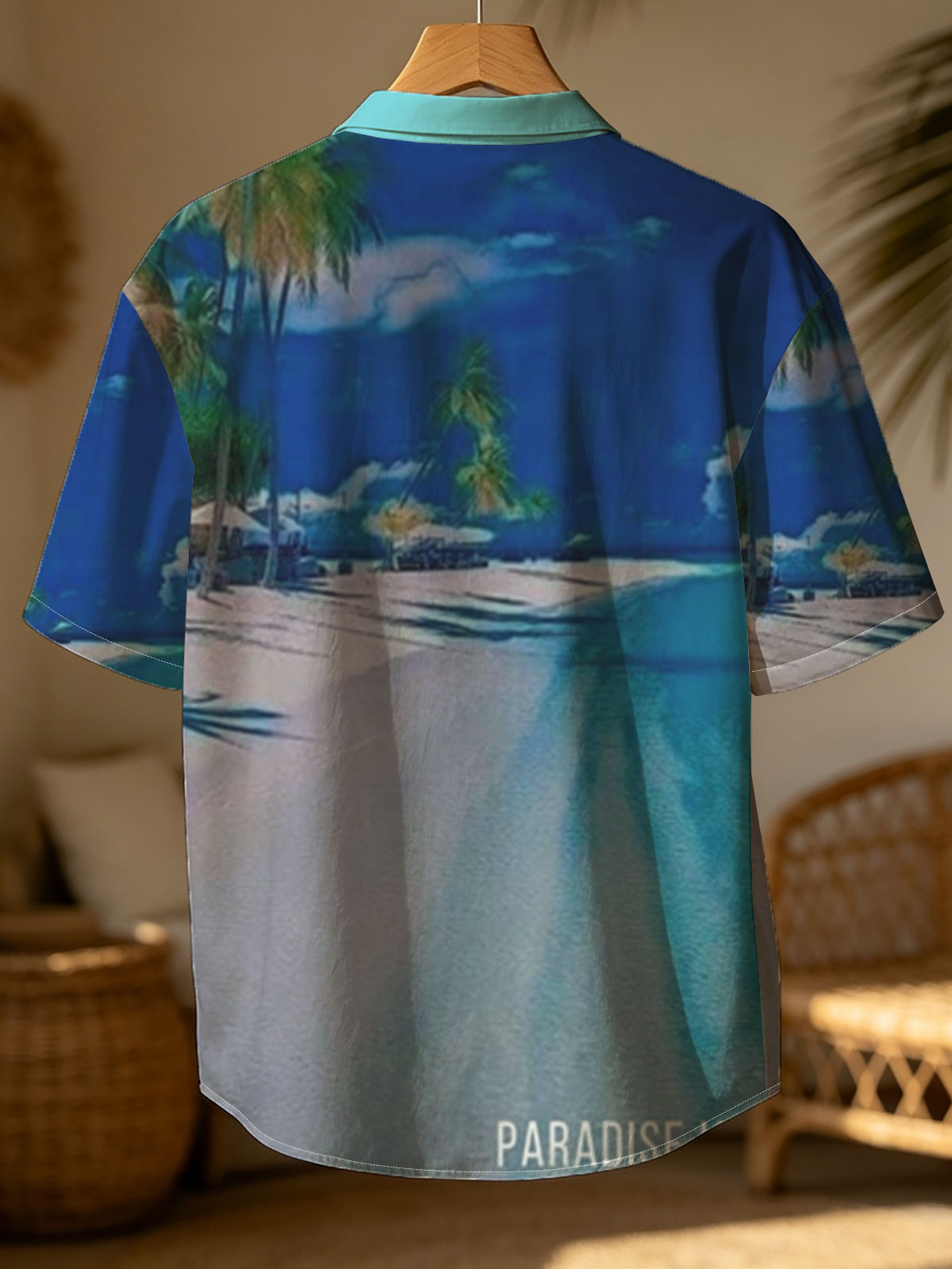 Serene beach with palm trees and turquoise waters under a clear blue sky. -  Shirt