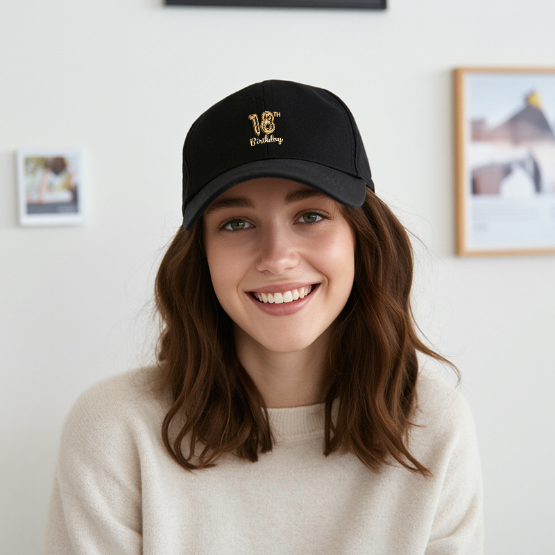 1pc New Baseball Cap with 18th Birthday Gold Balloon Print Unisex Adjustable Hat for Party Celebration Adults and Teens
