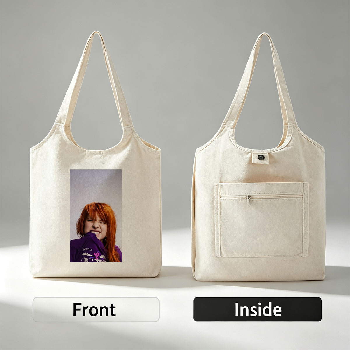 Hayley Williams from Paramore in a Playful Pose Wearing a Purple Nashville Shirt with a Vibrant Design - Canvas shoulder bags/