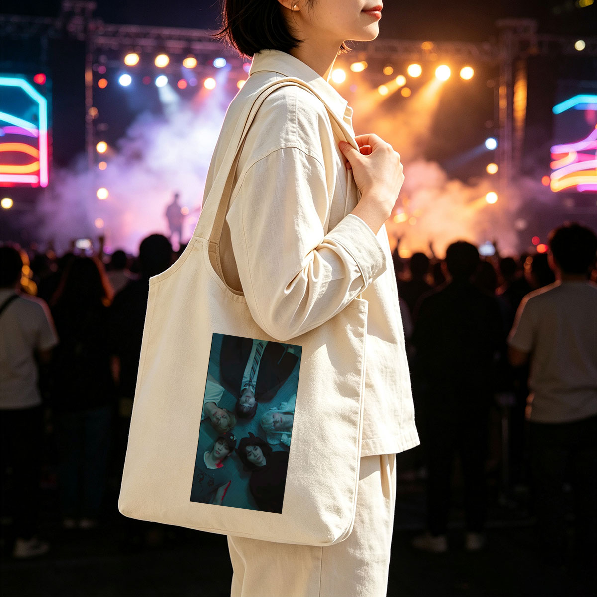 TXT Members Lying in a Circle on the Floor in Moody Blue Lighting - Canvas shoulder bags/