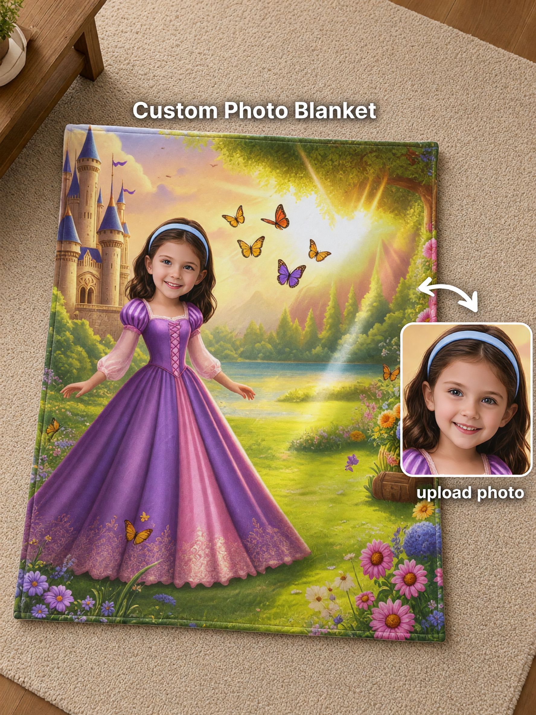 Custom Face Photo Flannel Blanket, Personalized Princess Throw, Soft Cozy Fleece Keepsake Gift for Girls