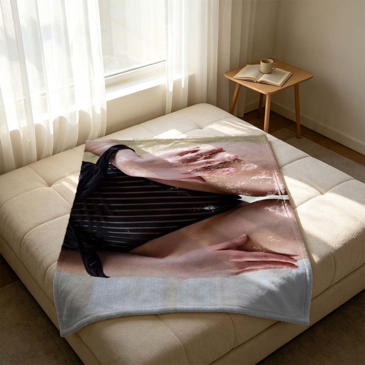 A seductive Chinese beauty in red sheer lingerie reading an ancient scroll. - Blanket