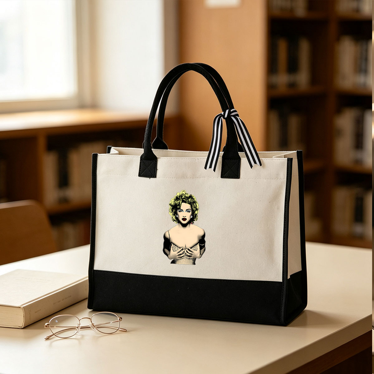 Marilyn Monroe in a Glamorous Pose with Bold Makeup and Curly Hair - Canvas patchwork gift tote bag